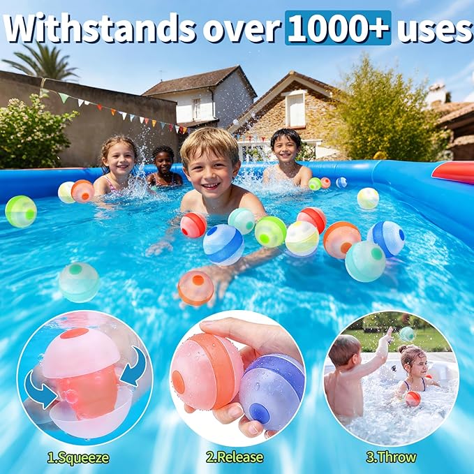Reusable Water Balloons,Refillable Water Balloons Quick Fill,Soft Silicone Water Splash Balls for Toddler Age 4-12,Self Sealing Water Toys for Kids Summer Games,Outdoor Beach/Pool Party(12pack)